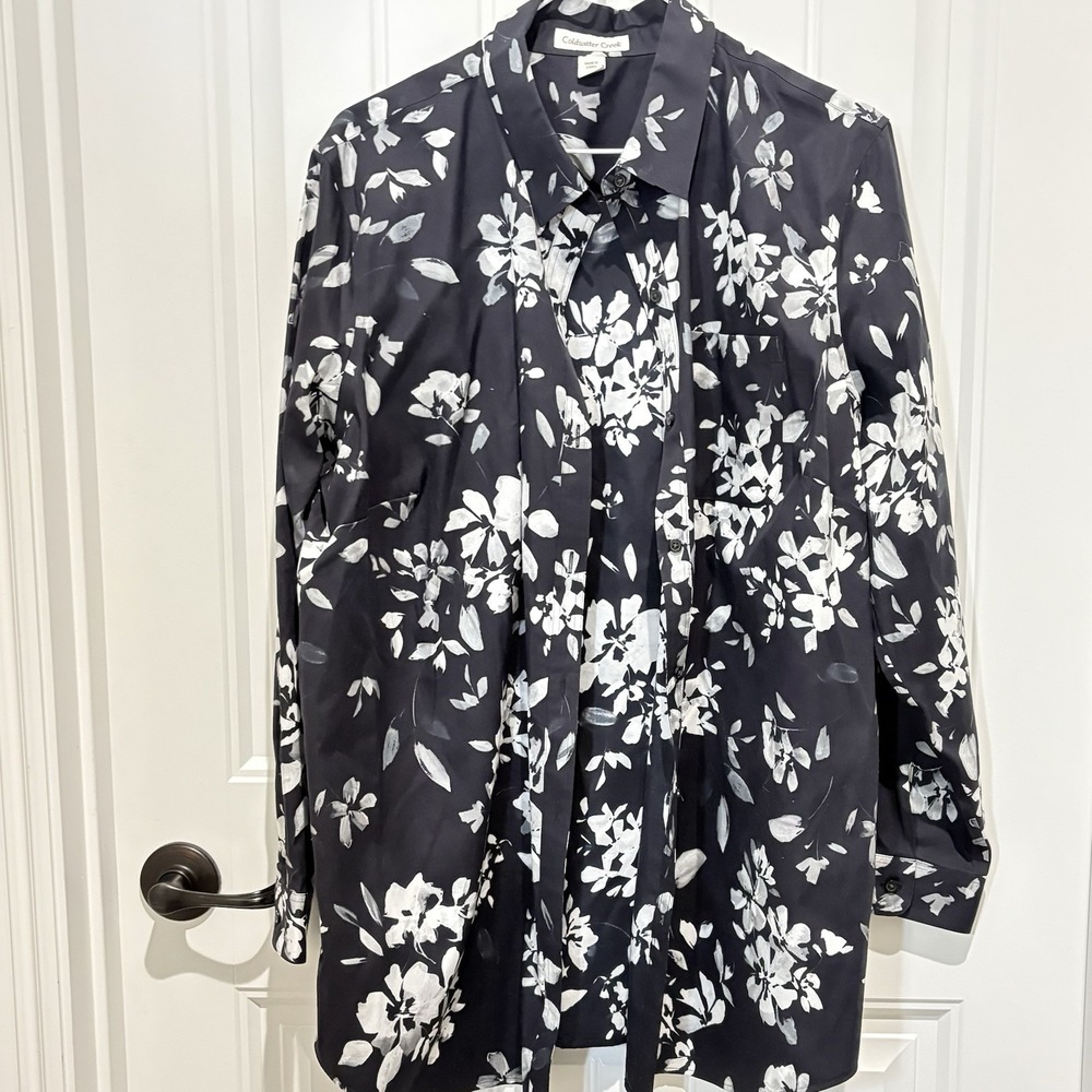 Coldwater Creek 1X Plus Black/White Floral Collared Long Sleeve Cotton Shirt